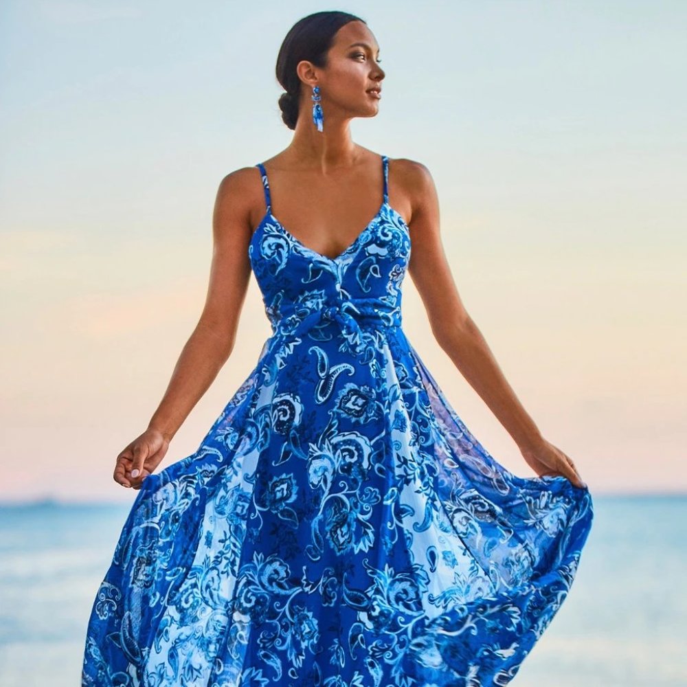 NWT WHBM Mixed Print Chiffon Maxi Dress Bali Blue Size 10